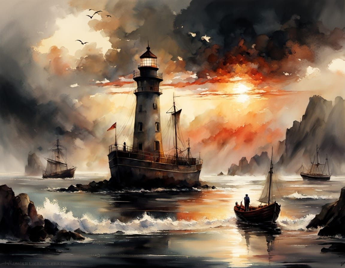 Lighthouse in Fog: Minimalist Watercolor Painting