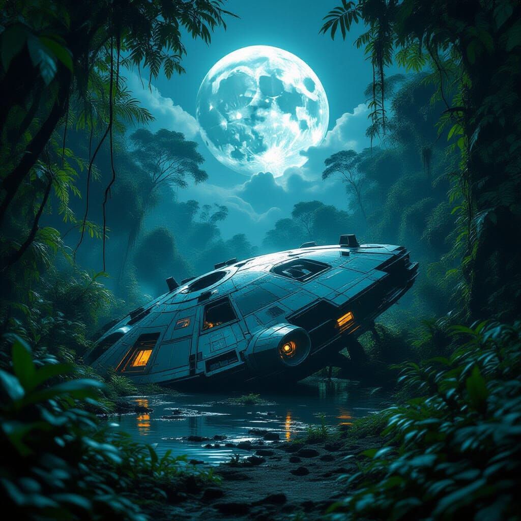 Crashed UFO in Jungle Under Full Moon