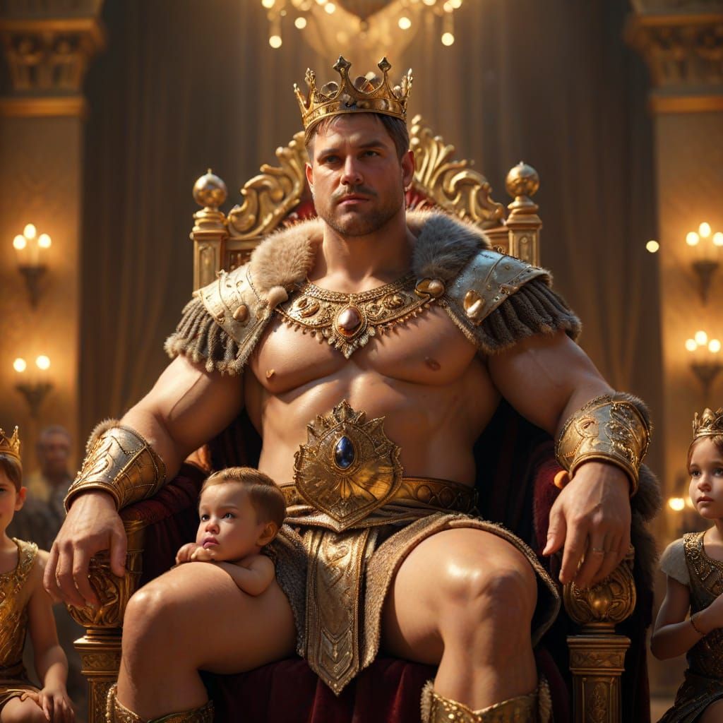 Photorealistic Dadbod King on Throne with Children