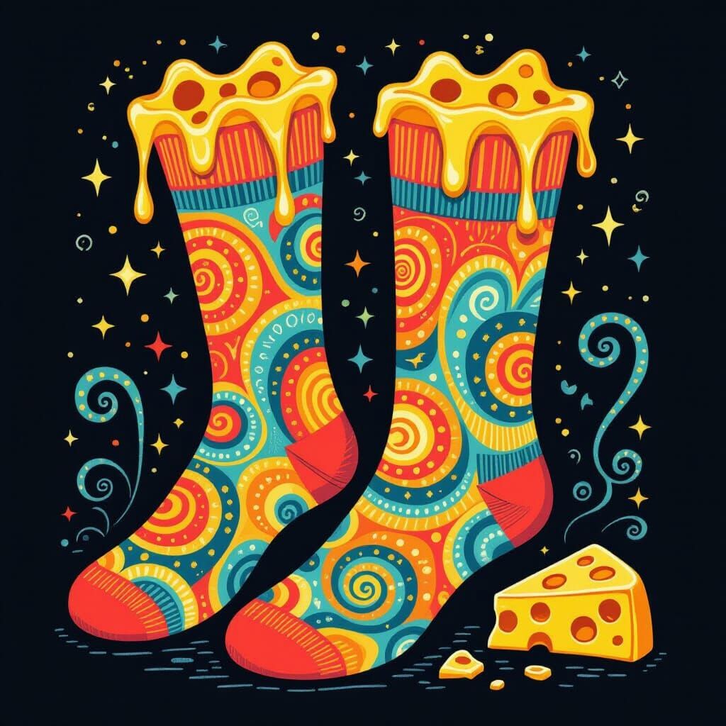 Whimsical Socks with Magic Patterns and Cheese Accents
