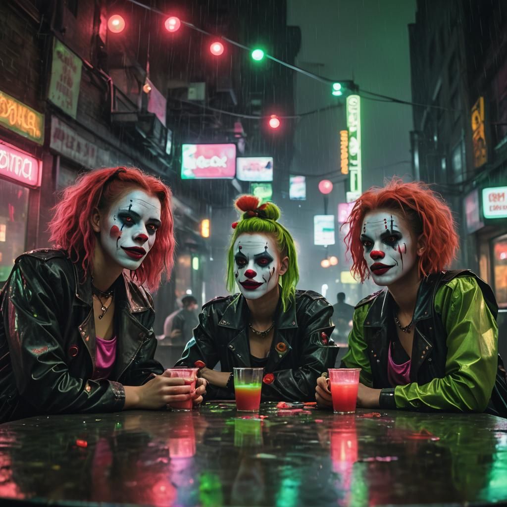 Cyberpunk Clown Girls in Rainy Cityscape