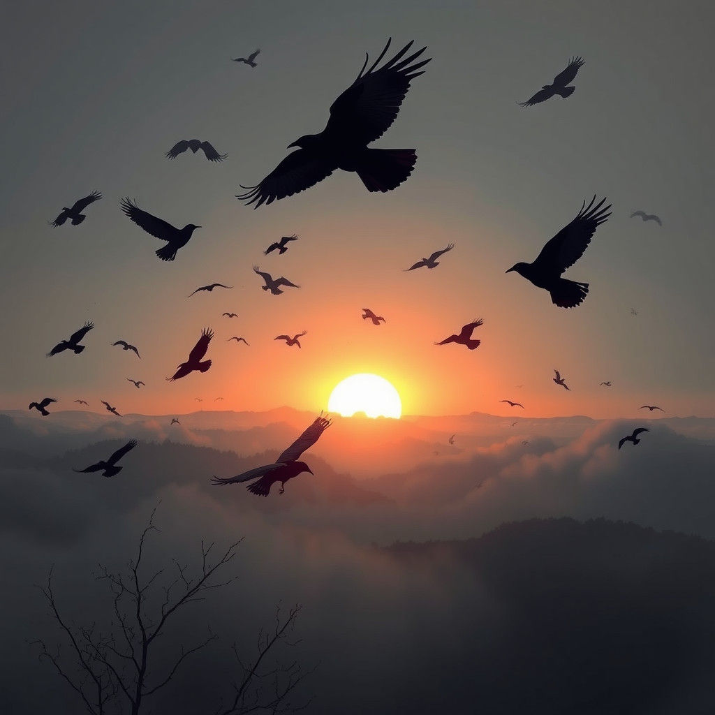 Crows Silhouetted at Sunrise in Fantasy Art Style