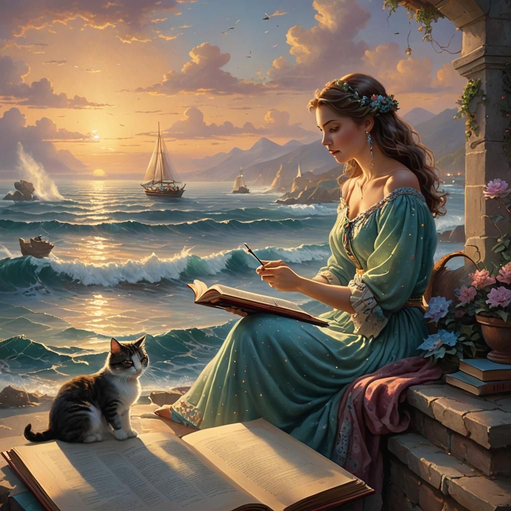 Woman, Cat, Sunset: Ethereal Fantasy Art