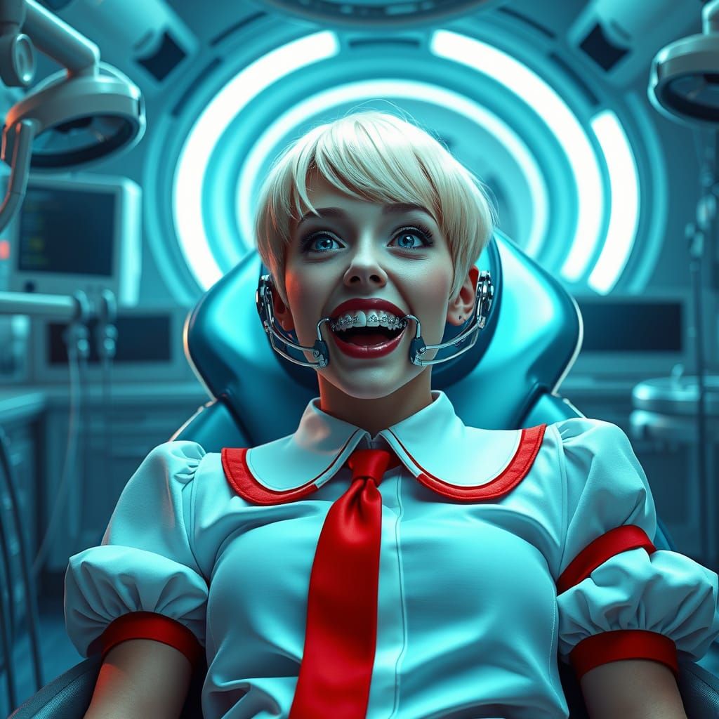 Futuristic Crossdresser in High-Tech Dentist Chair