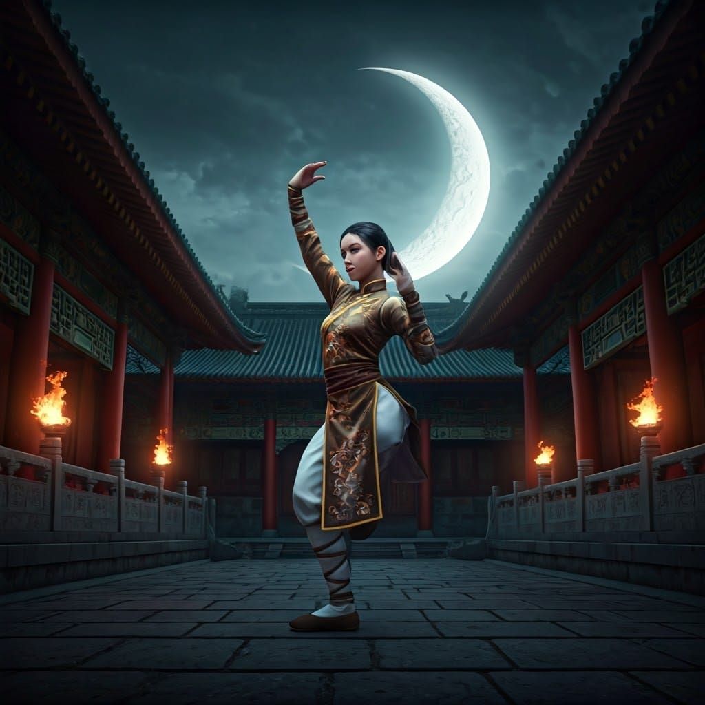 Ethereal Chinese Martial Artist in Kung Fu Stance under Cres...