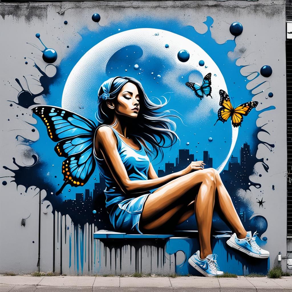 Graffiti Art: Girl, Butterfly, and Moon in Blue Dreams