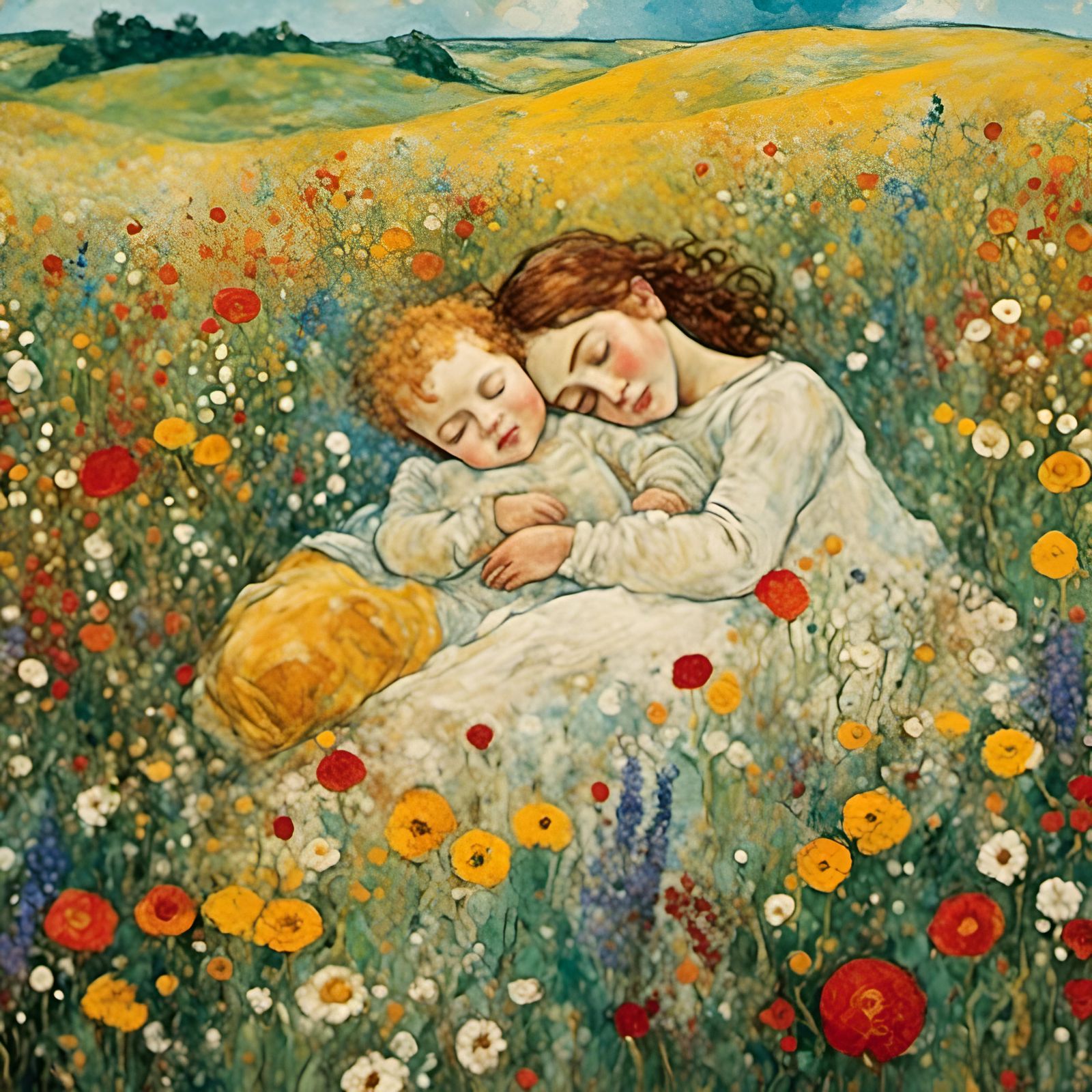 Baby Asleep in Wildflowers: Klimt and Chagall Style