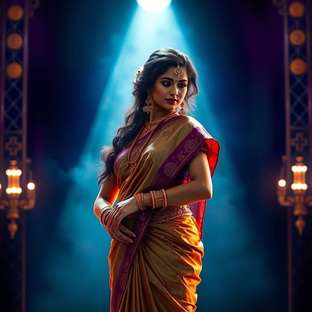 Stunning Indian Woman in Sari on Stage with Spotlight