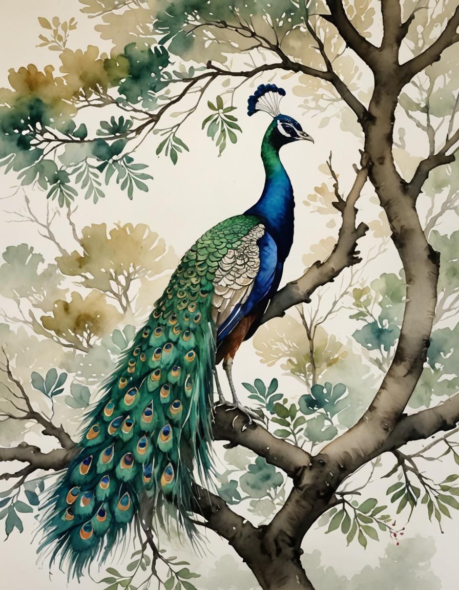 Watercolor Peacock Perched in Tree, Asian Style
