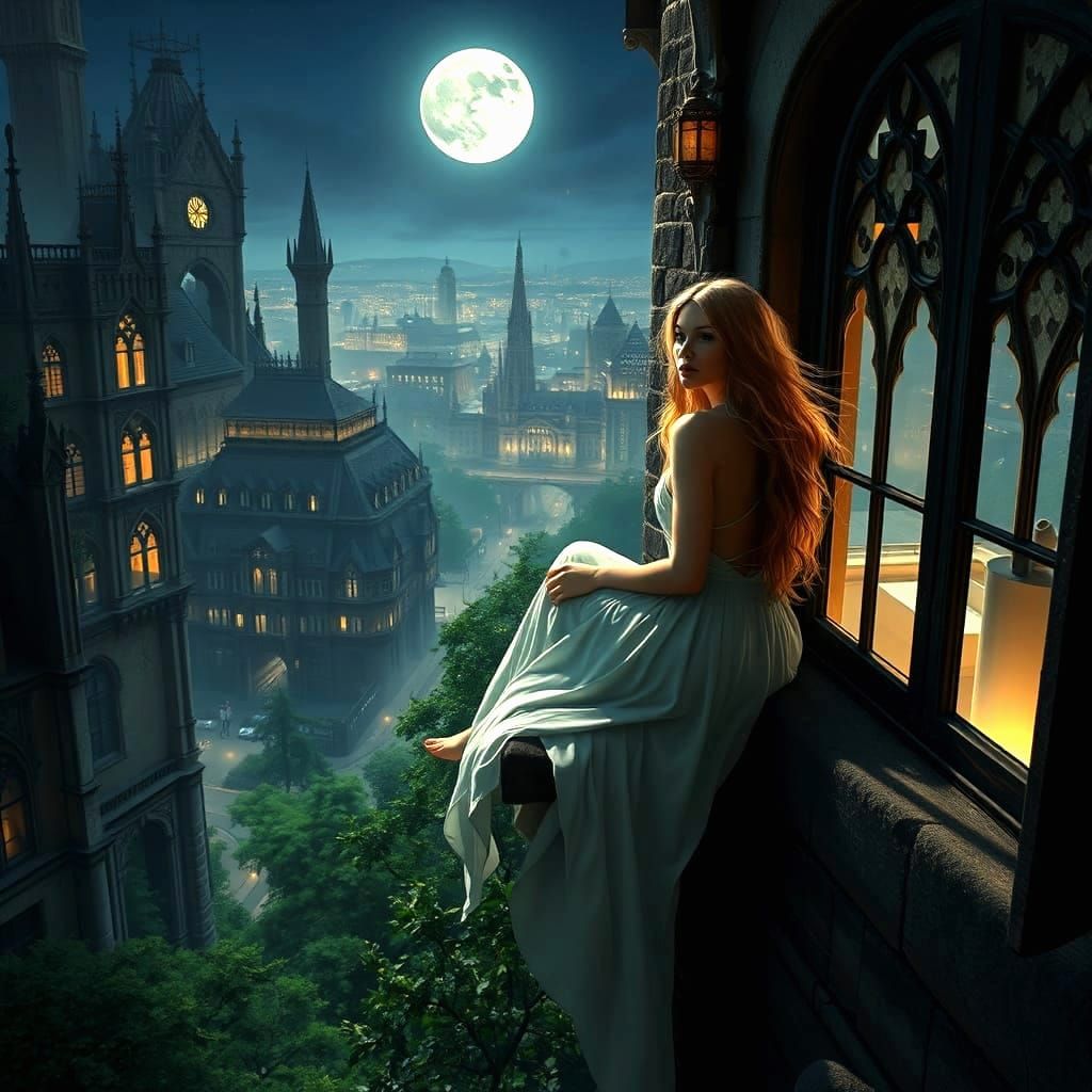 A Barefoot Woman Soars Above the City on a Moonlit Night