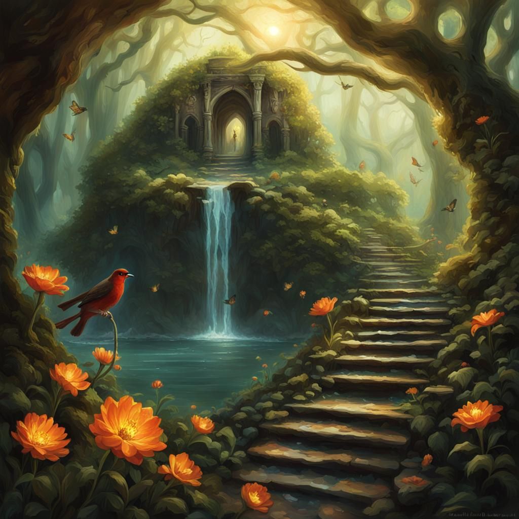 Vintage Ink Painting: Messenger at Circe's Lair