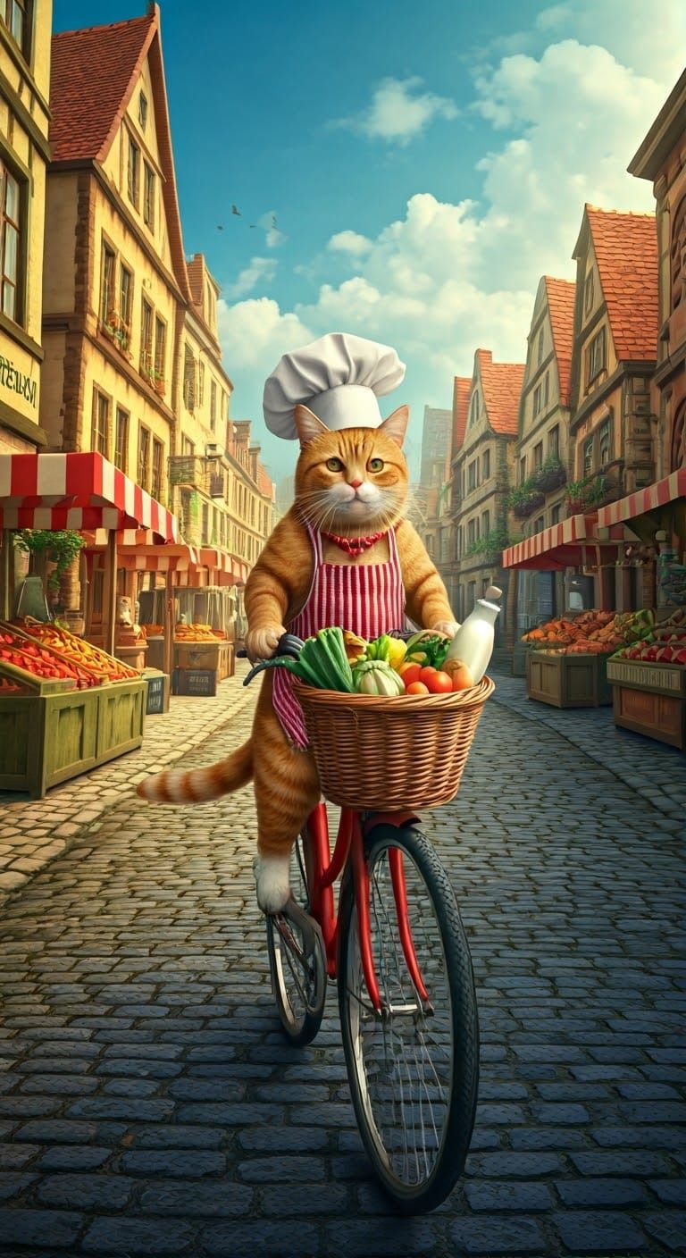 Whimsical Orange Tabby Chef Pedals Vintage Bicycle Through B...