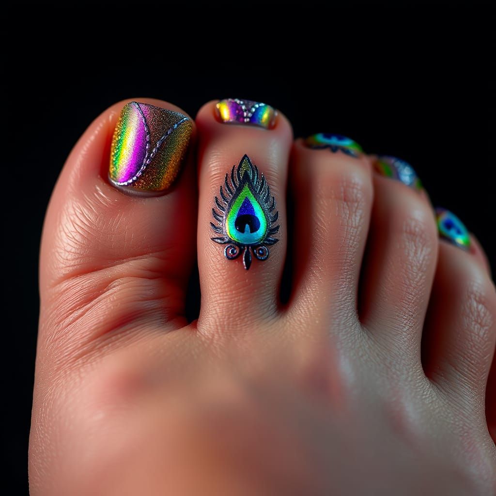 Peacock Nail Art Toes in Hyperrealistic Style