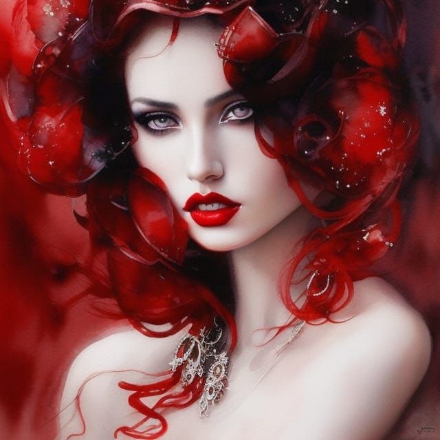 Stunning Beauty in Watercolor with Red Accents