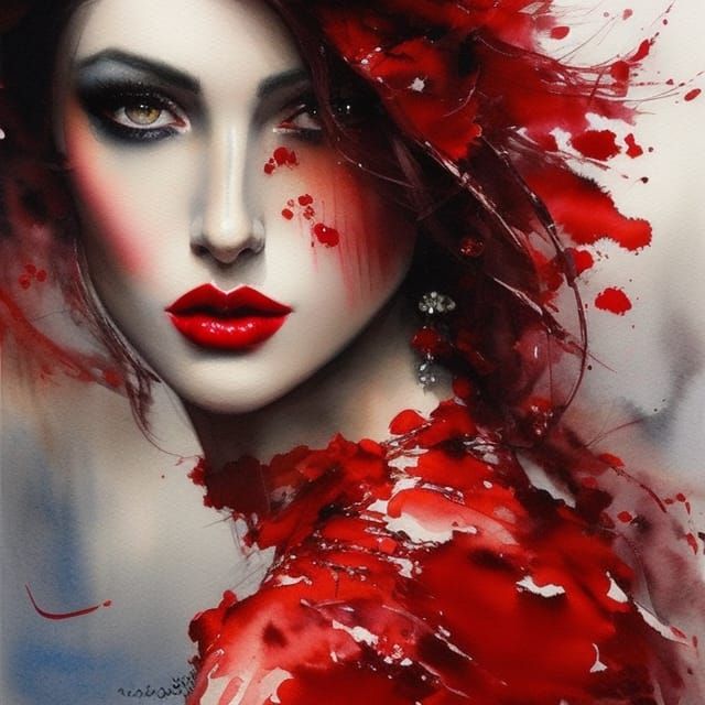 Watercolor Portrait of a Beautiful Woman with Red Accents