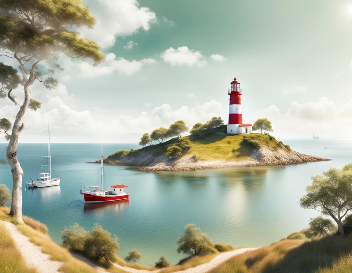 Hyperrealistic Lighthouse on Green Hill Overlooking Calm Sea