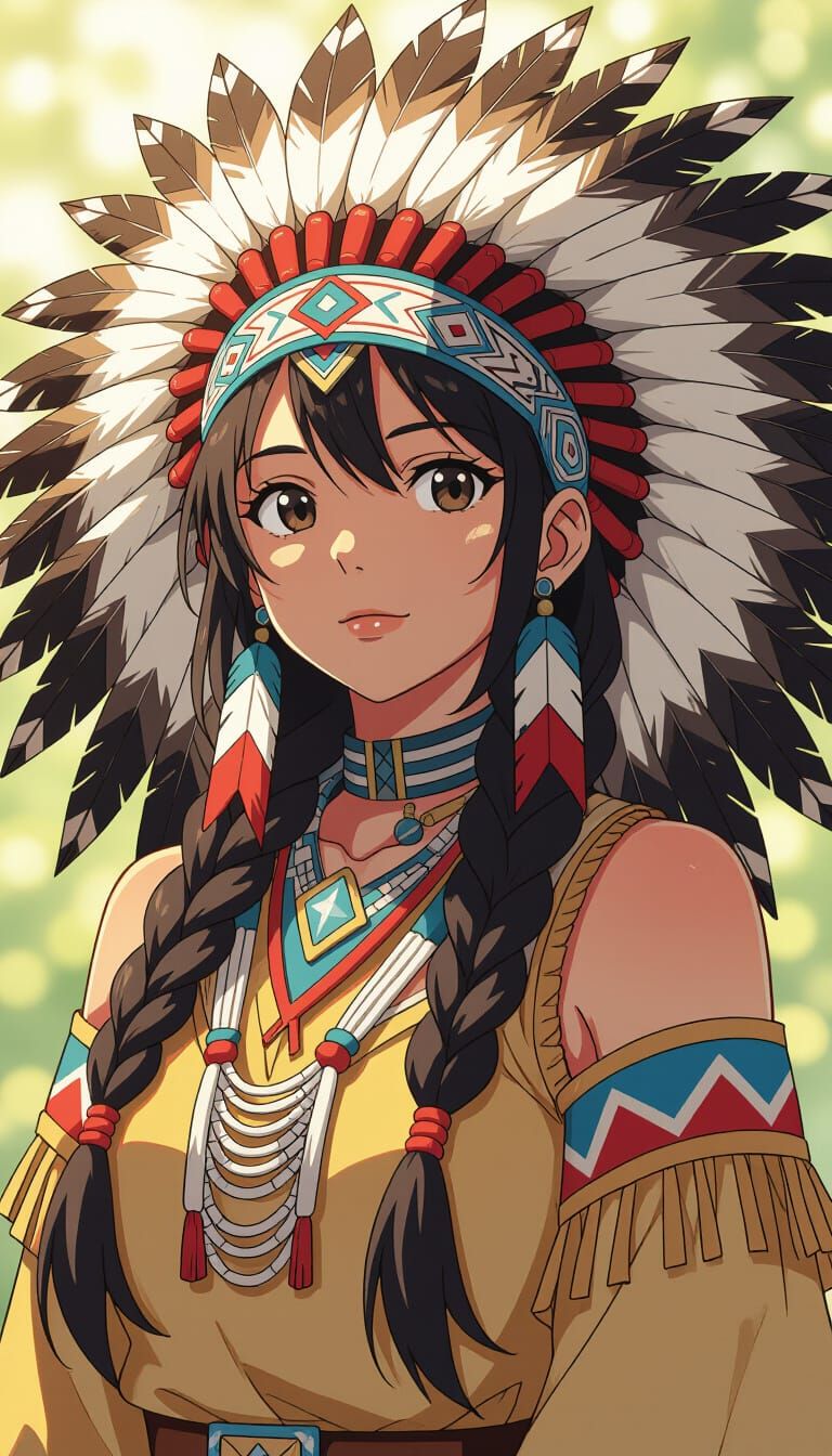 Native American Woman Anime Art with Cinematic Lighting
