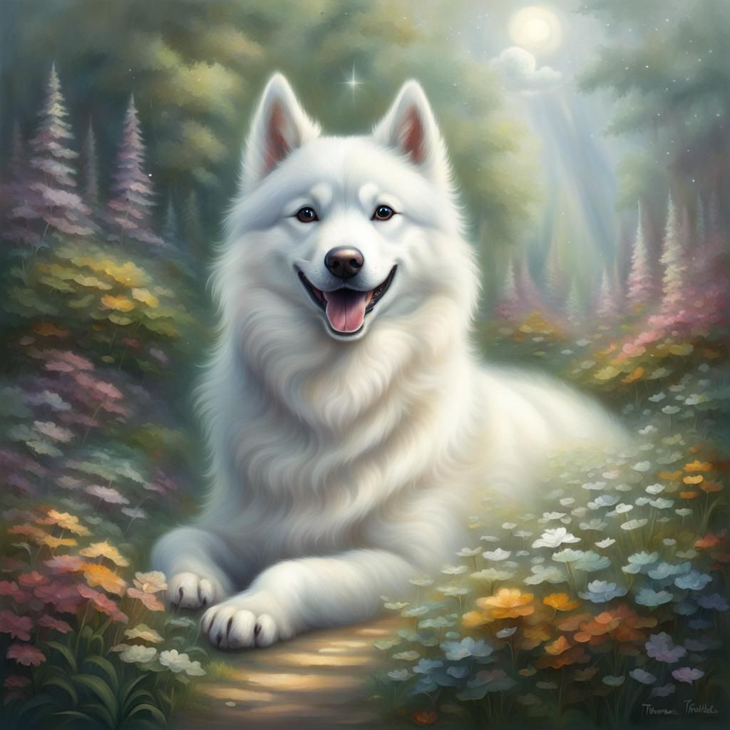 Smiling Husky Cloud in Ethereal Fantasy Garden