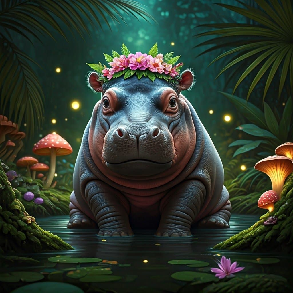 Baby Hippo in Enchanted Forest, Fantasy Art