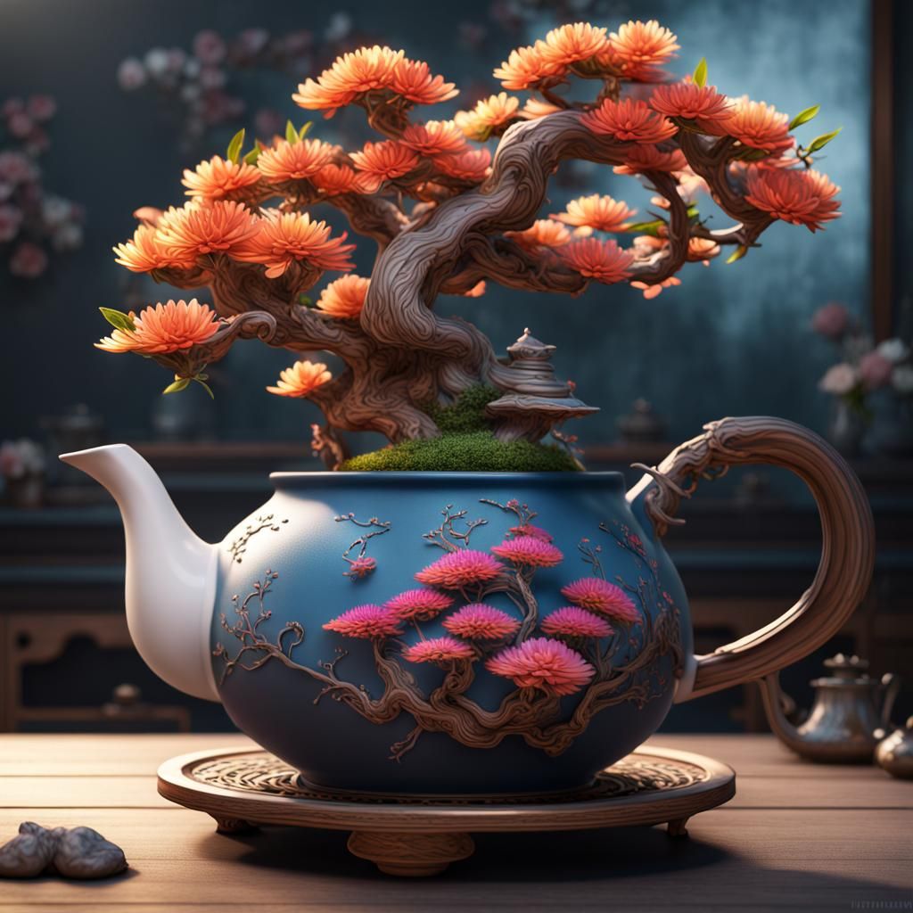 Teapot Bonsai with Flowers: Detailed Matte Painting