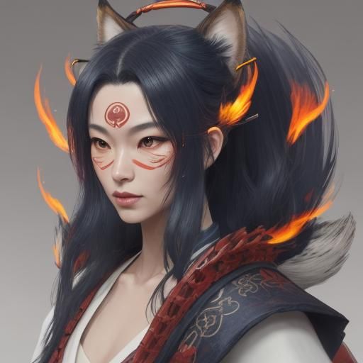 Kitsune with Samurai Mask in Anime Style