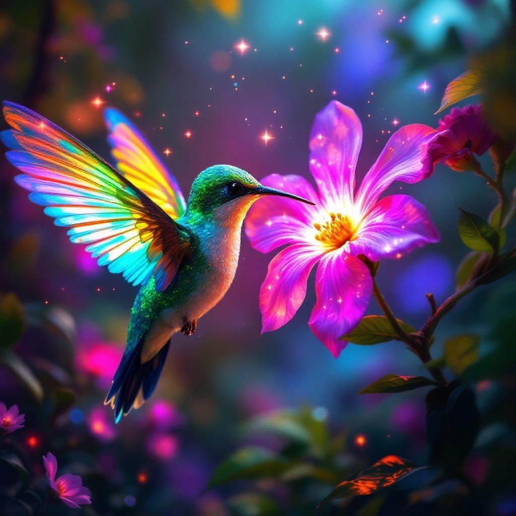 Hummingbird Sips Nectar from Cosmic Flower in Graffiti Art