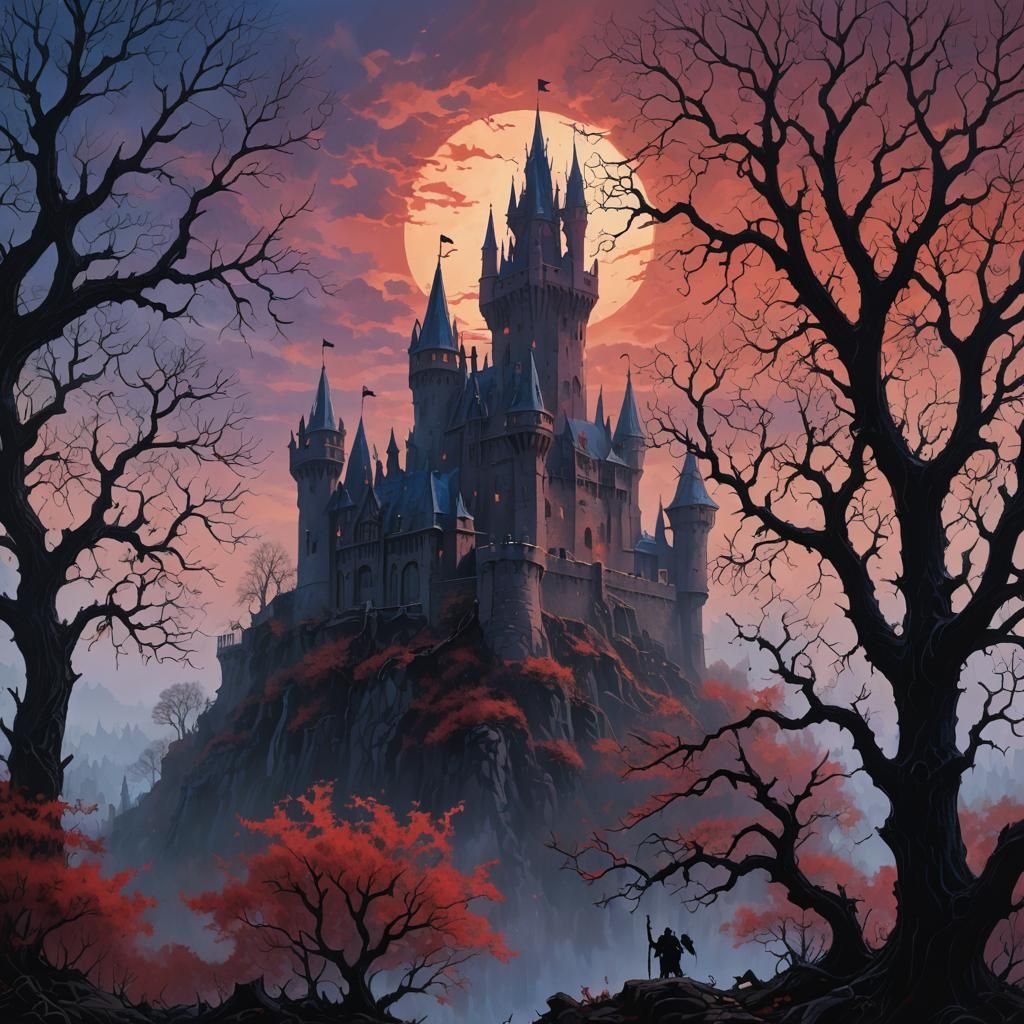 Knight on Gothic Castle in Crimson Landscape