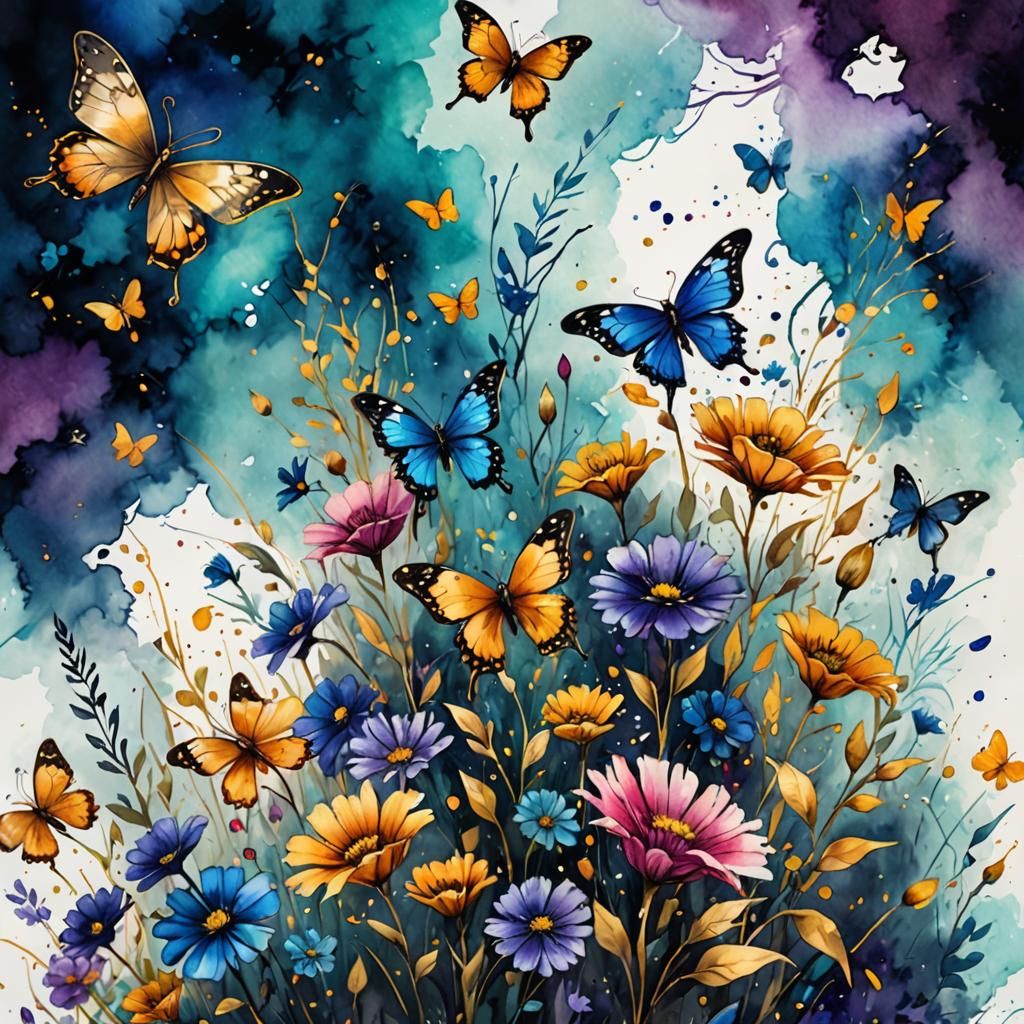 Wildflowers and Butterflies in Calligraphy Style