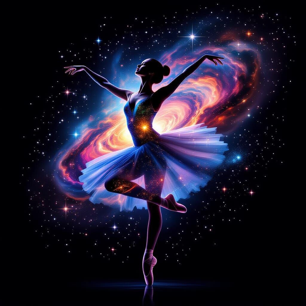 Ballet Dancer Silhouette Filled With Cosmic Nebula and Stars