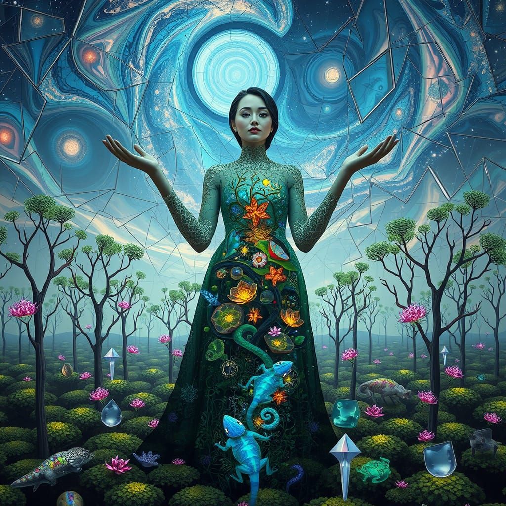 Surreal Ecosystem Woman in Shattered Glass Field