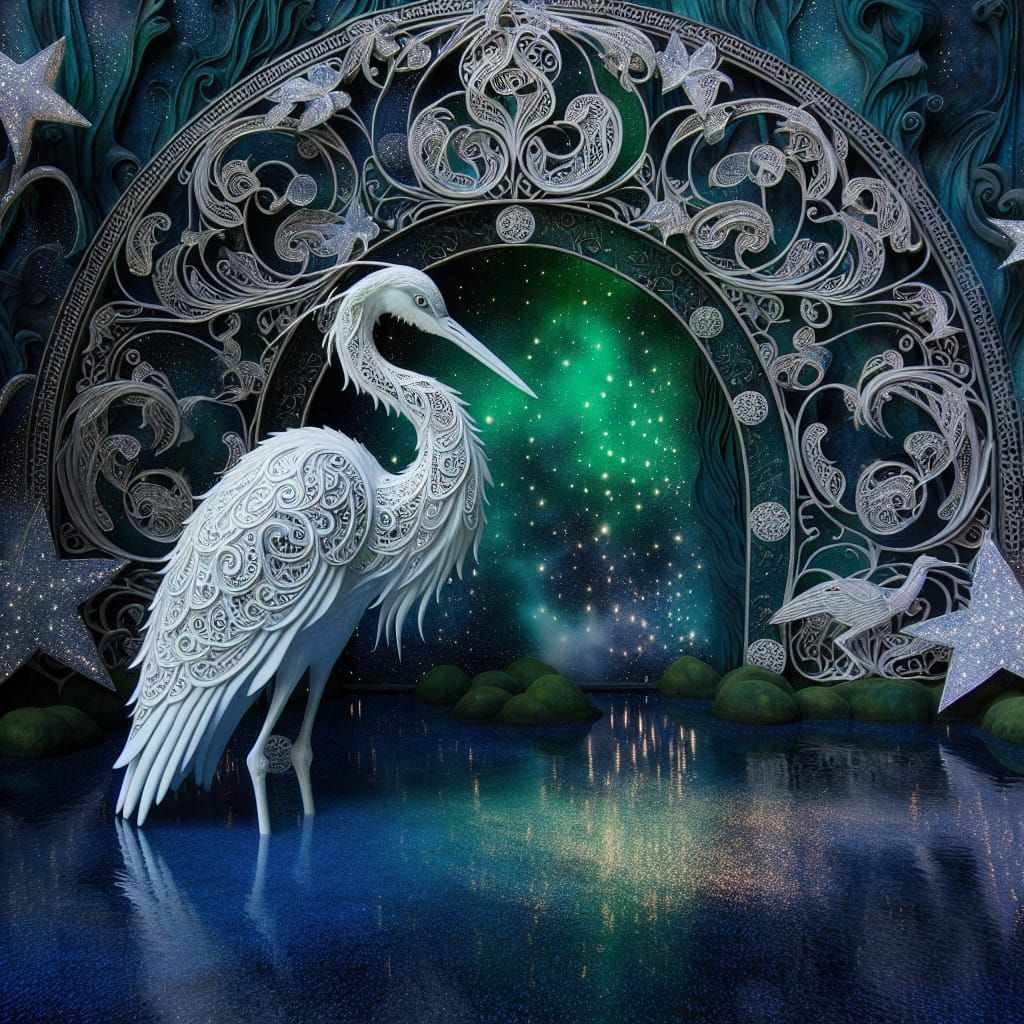Silver Heron Under Enchanted Celestial Skies