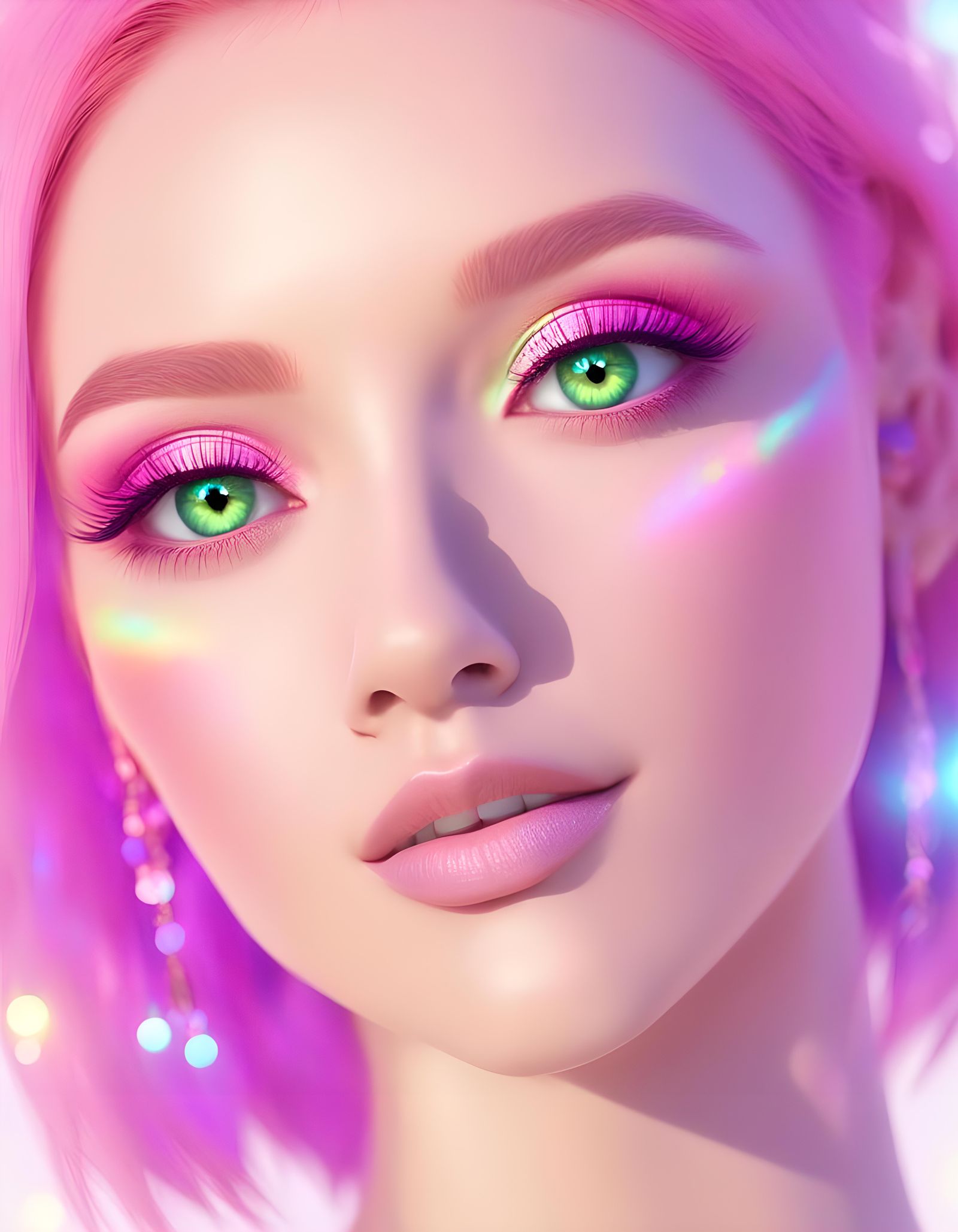 Beautiful young lady with pink hair and green eyes with pink...