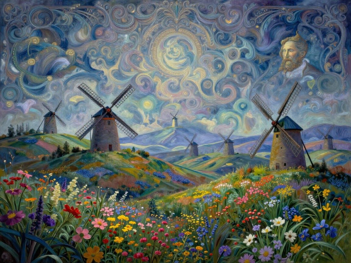 Ethereal Hills with Windmills and Wildflowers