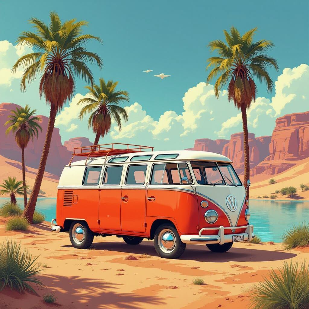 Retro-Futuristic Van at Desert Oasis Digital Art