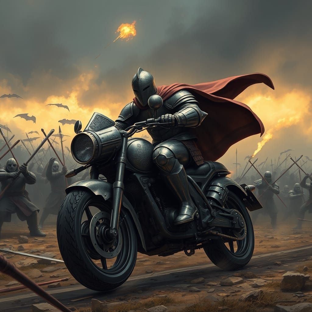 Medieval Knight Rides Futuristic Motorcycle into Battle