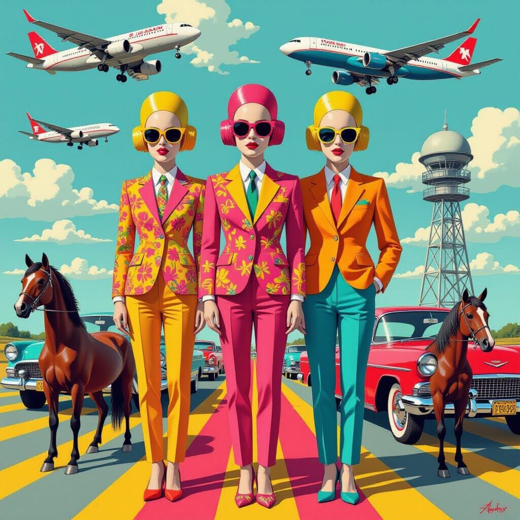 Pop Art Three-Headed People in Surreal Scene