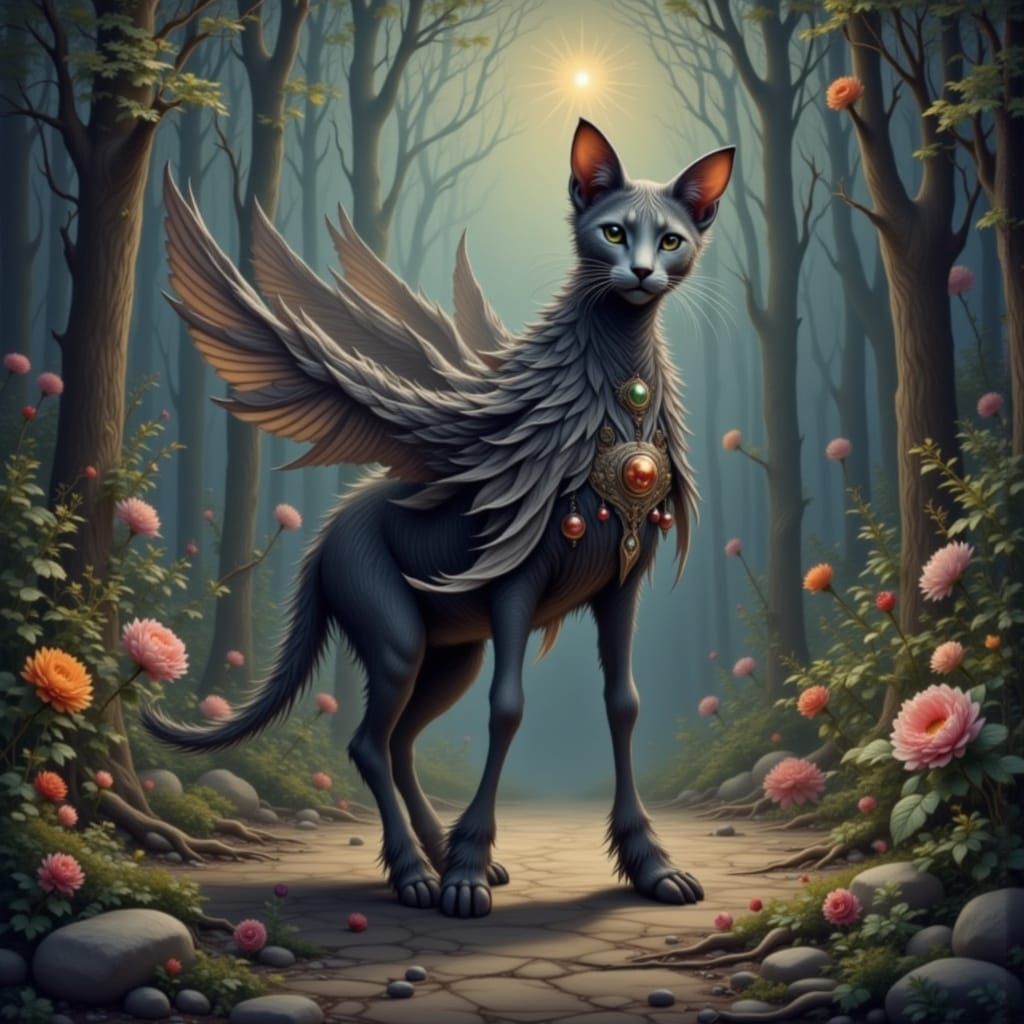 Whimsical Cat-Zebra Creature in Art Nouveau Style