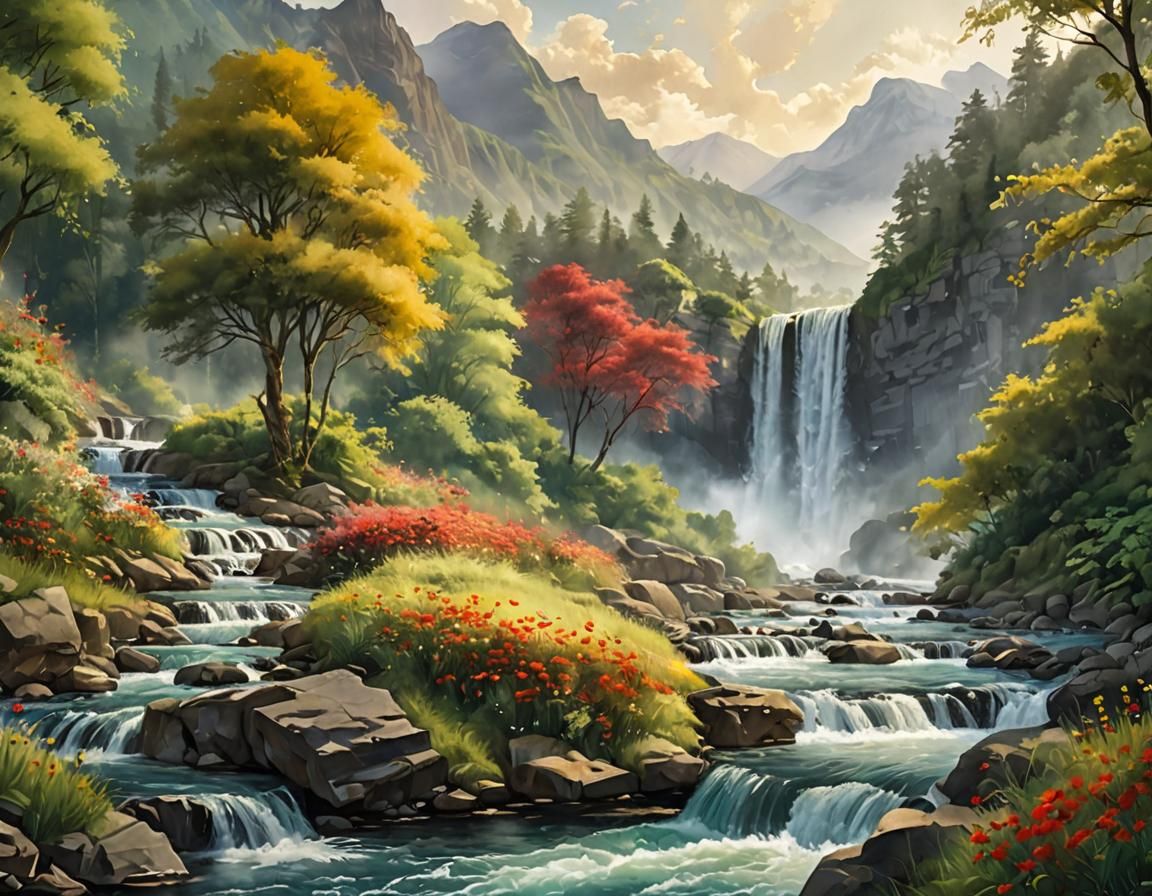 Watercolor Landscape with River and Waterfall