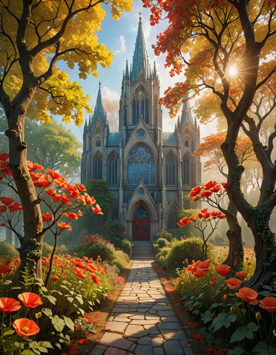 Ethereal Cathedral with Poppy, in Impressionistic Style