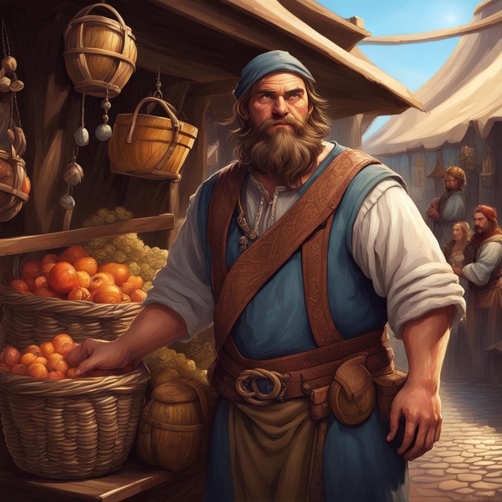 Fantasy Marketplace Merchant in Hyperrealistic Style