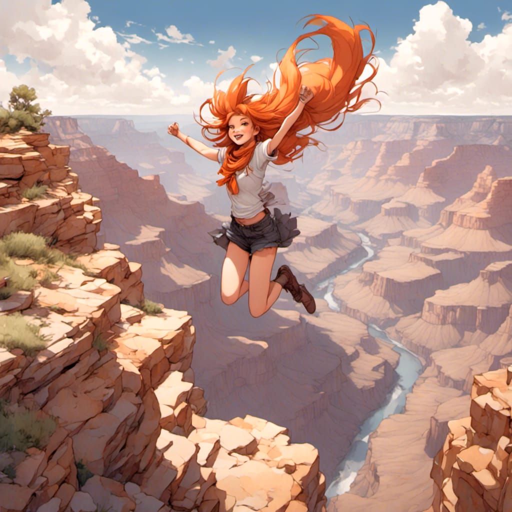 Fox-girl VIXEN jumping over the Grand Canyon