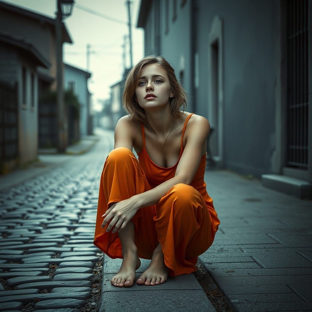 Young Woman Crying on Sidewalk with Vibrant Clothes