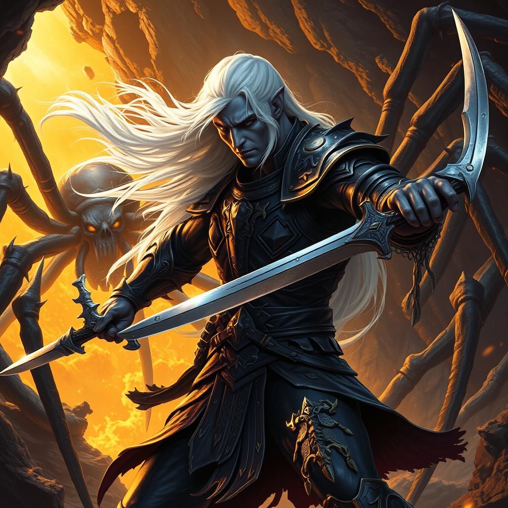 Drow Elf Battles Spider Queen in Dark Cave