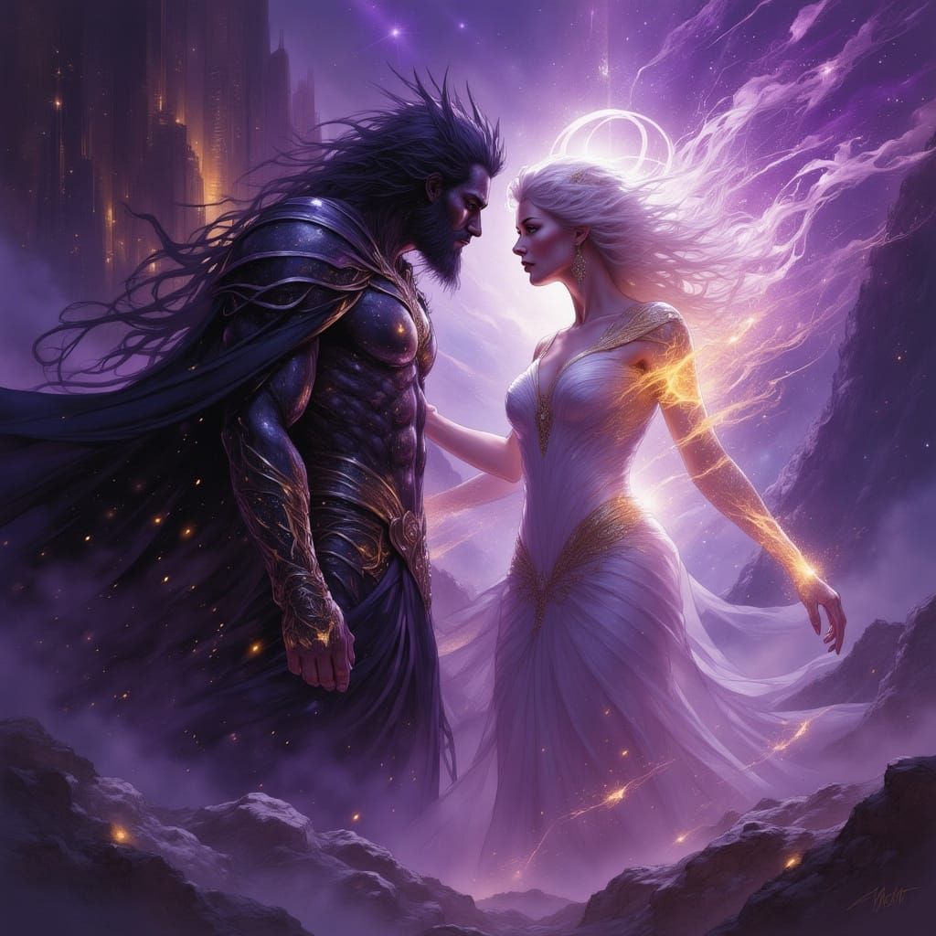 Darkness and Light Elementals in Cosmic Dance, Cinematic Fan...