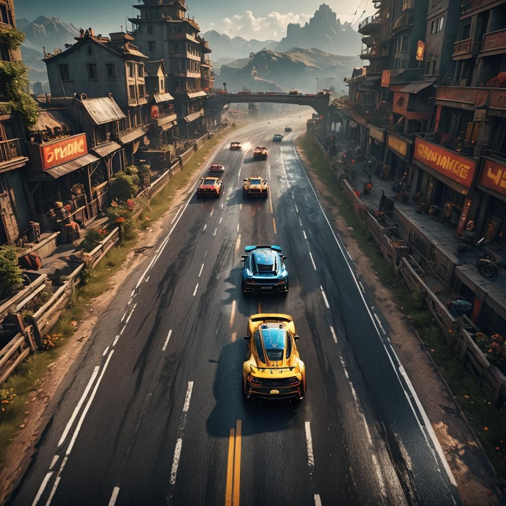 Race Cars on the Road: Detailed Matte Painting