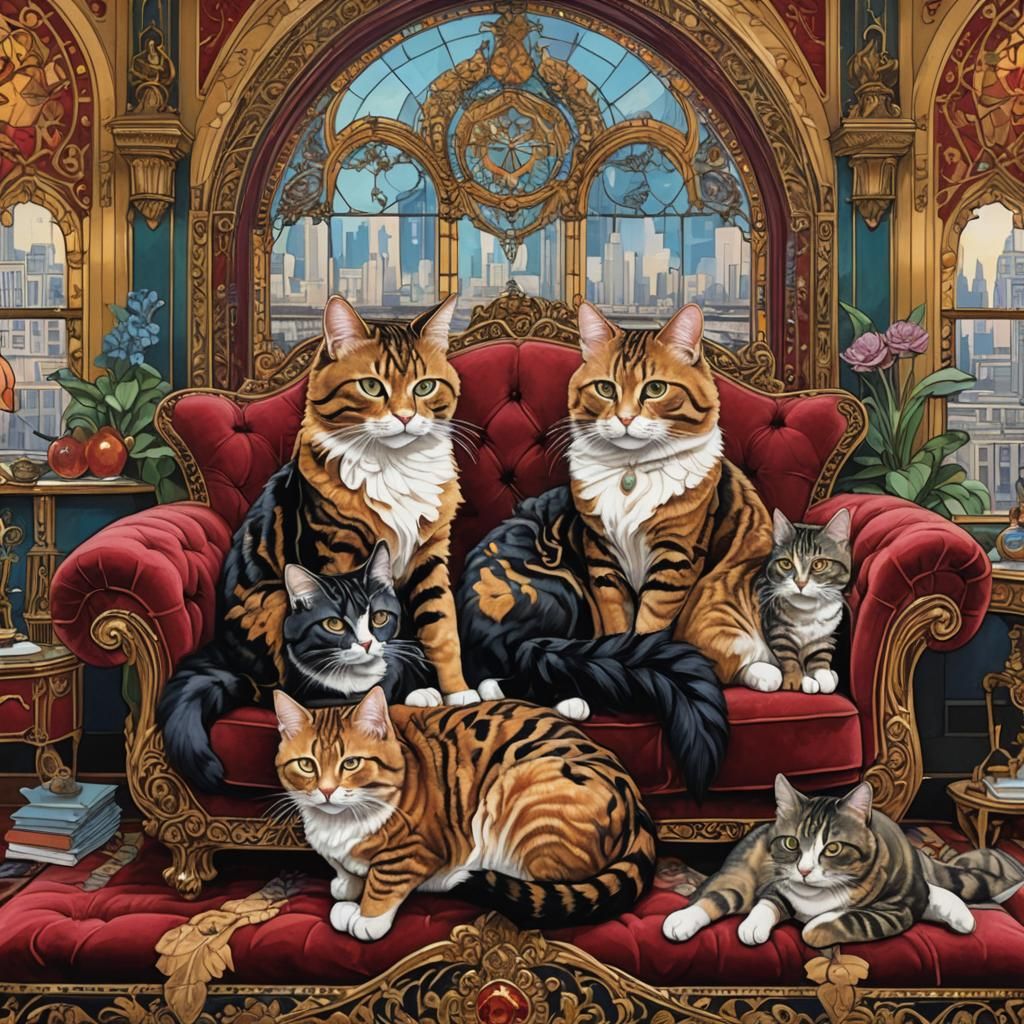 Gem-Toned Cats in Ornate Art Deco Cityscape