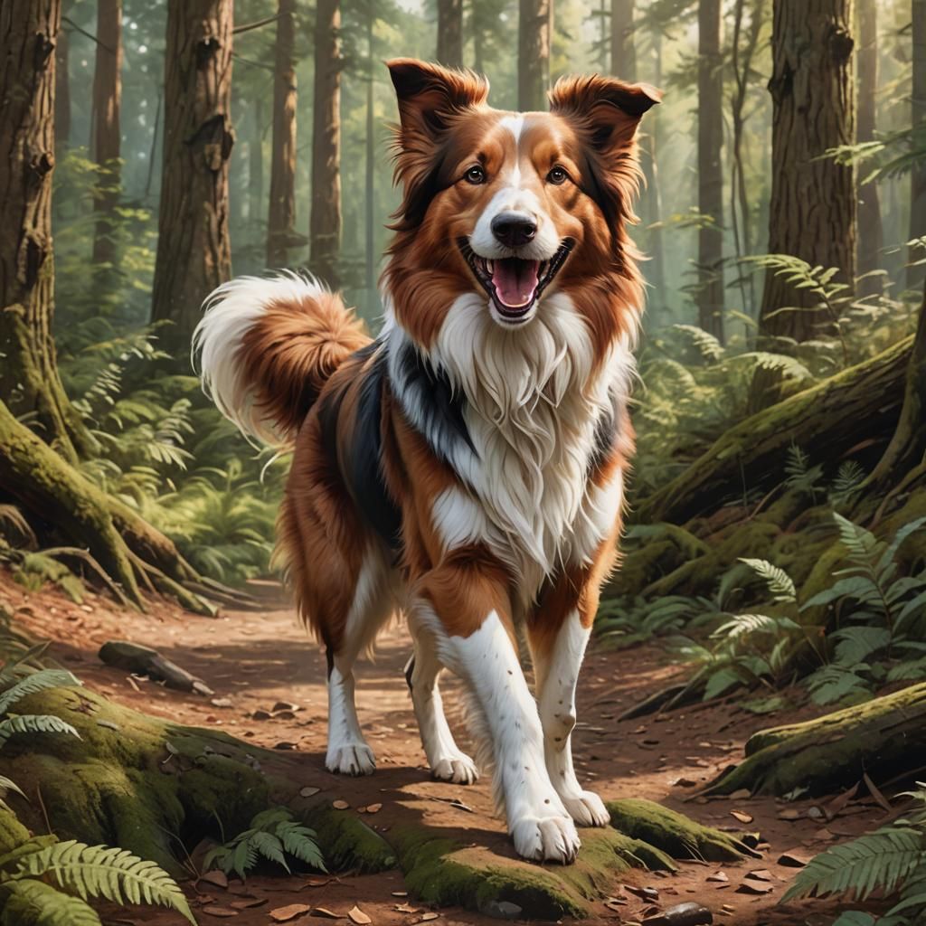 Happy Collie Dog Romping in Forest: Hyperrealistic Art