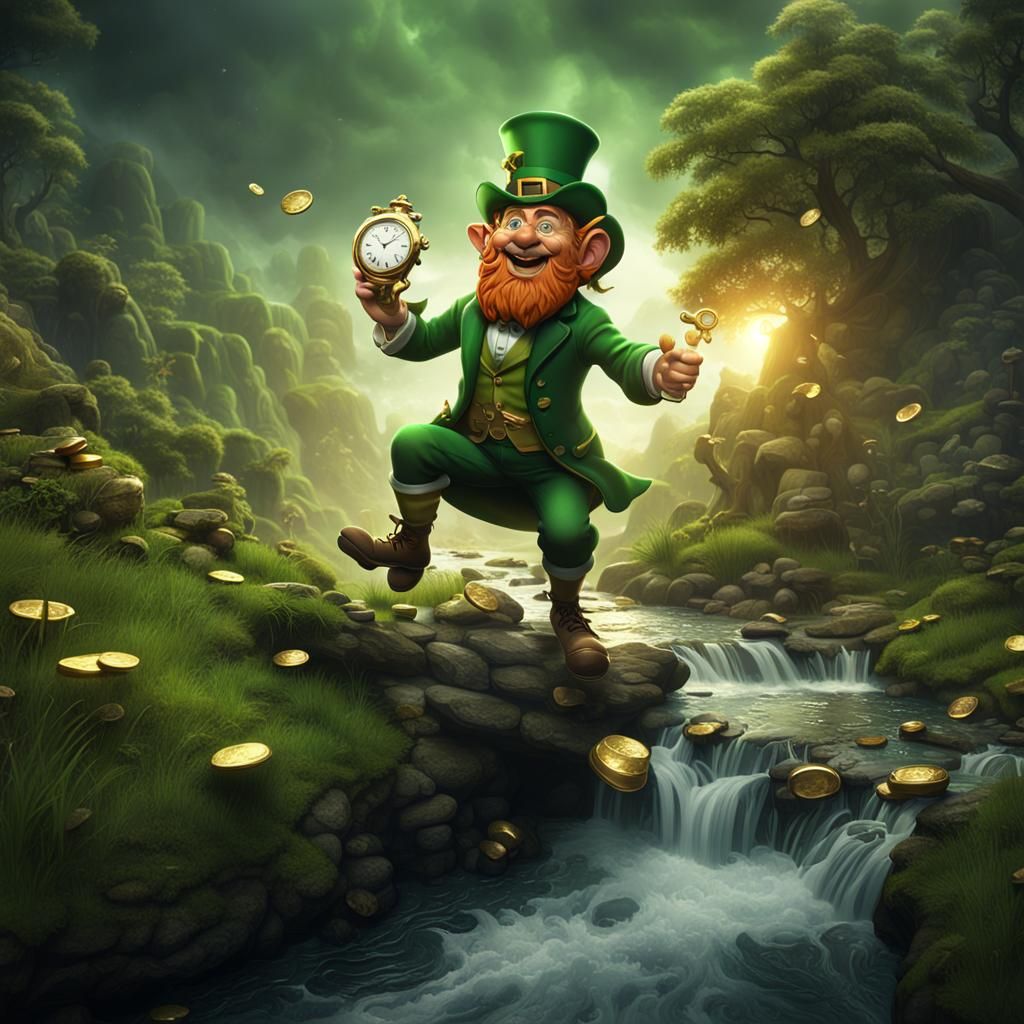 Leaping Leprechaun with Gold Watch, Fantasy Art