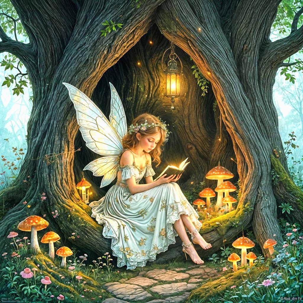 Enchanted Fairy Reading Nook in Storybook Illustration Style