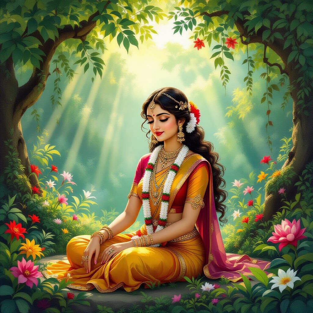 Shakuntala in Lush Forest Mughal Miniature Painting